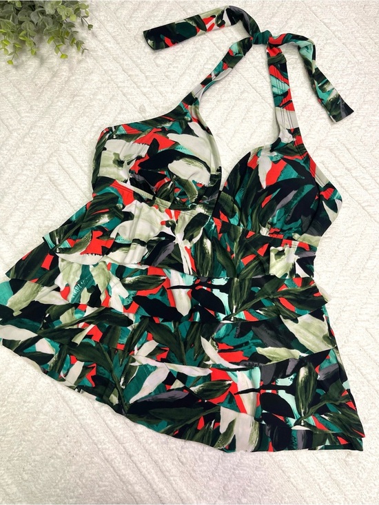 Aqua Green Other - Aqua Green Black Tropical Print Swim Top with Green & Red